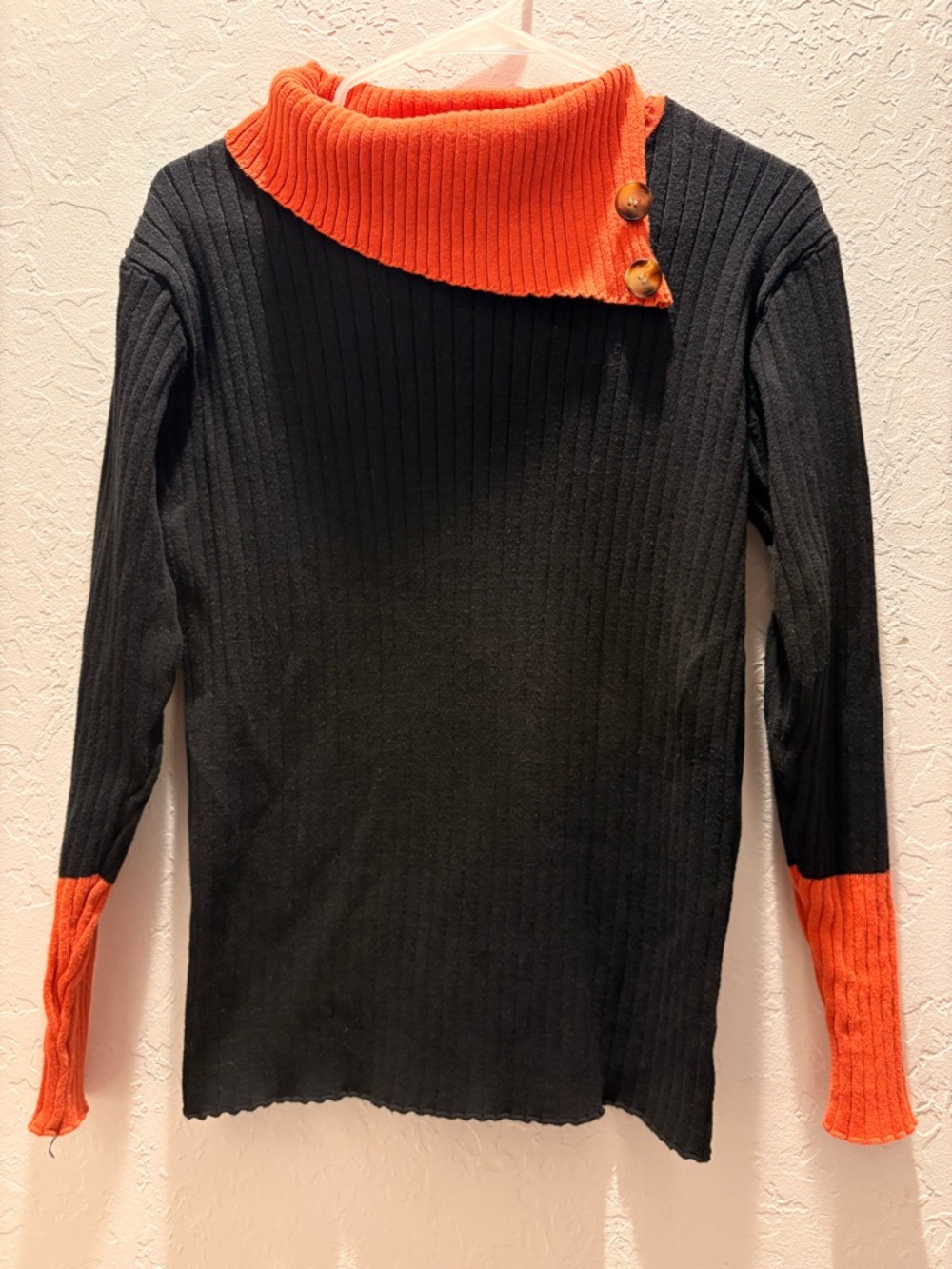 Oxknit Black Ribbed Lightweight Sweater with Orange Accents